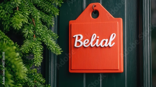 Vibrant Door Sign with Name 'Belial' Surrounded by Greenery photo