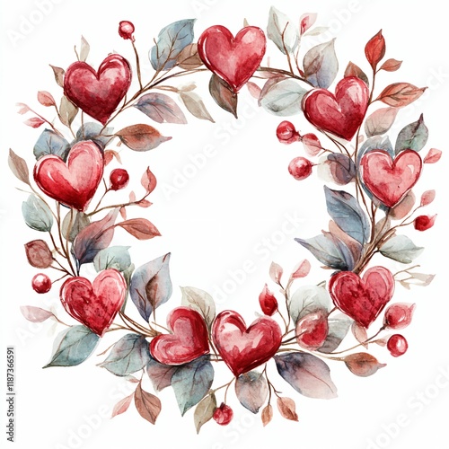Wreath of red hearts with green leaves. There are six hearts in the wreath photo