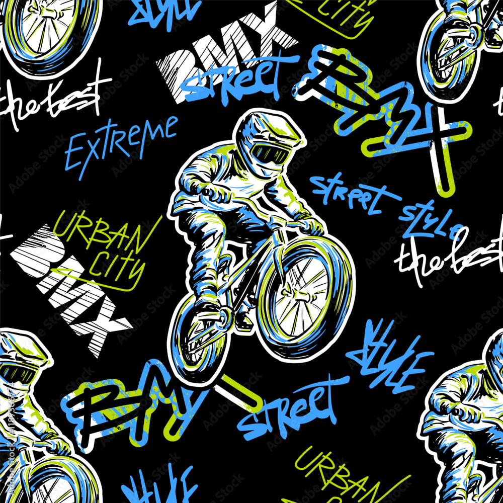 Fototapeta premium Abstract seamless grunge pattern for guys. Urban style modern background with boy on bicycle BMX and skateboards. Sport extreme style creative wallpaper