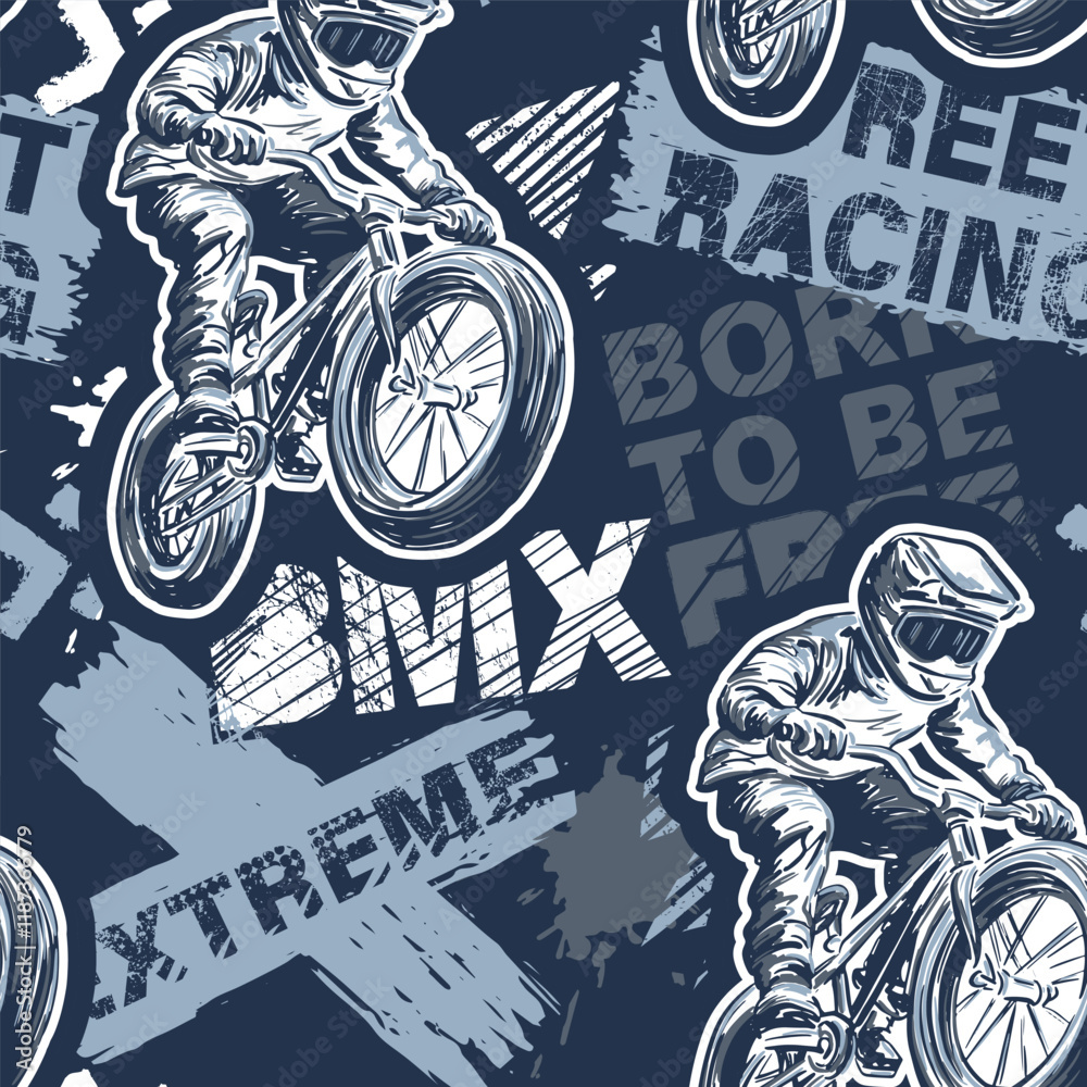 Fototapeta premium Abstract seamless grunge pattern for guys. Urban style modern background with boy on bicycle BMX and skateboards. Sport extreme style creative wallpaper