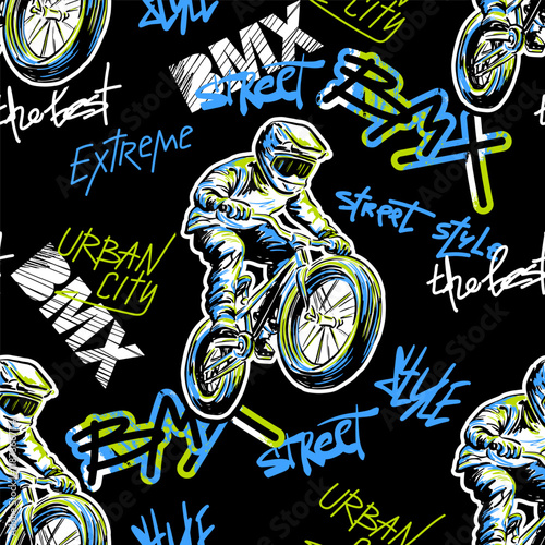 Abstract seamless grunge pattern for guys. Urban style modern background with boy on bicycle BMX and skateboards. Sport extreme style creative wallpaper photo