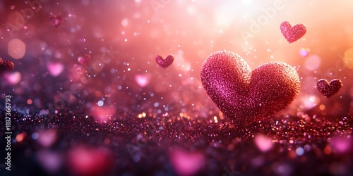 Heart is surrounded by many other hearts. The heart is pink and has a sparkly effect