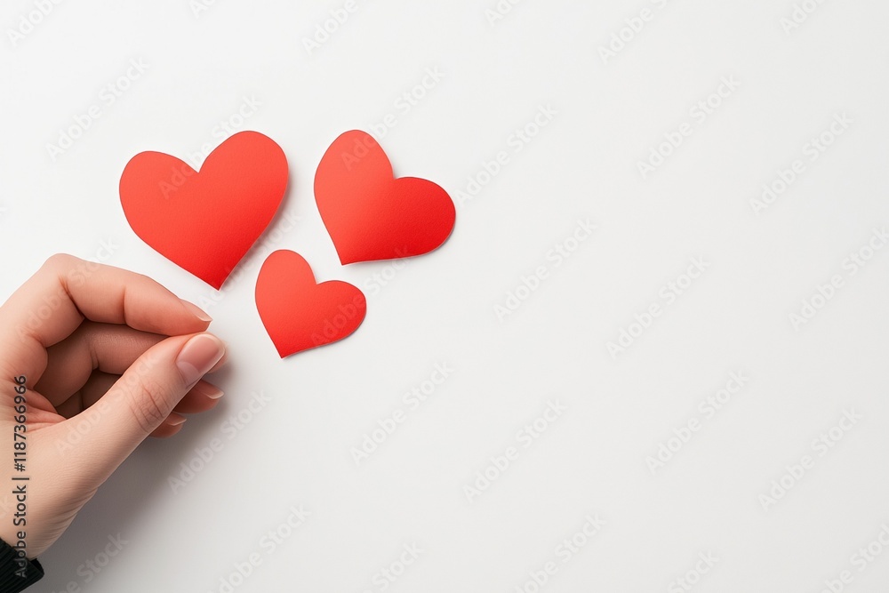 Hand holding three red hearts. The hand is on the left side of the image Hand holding three red hearts. The hand is on the left side of the image