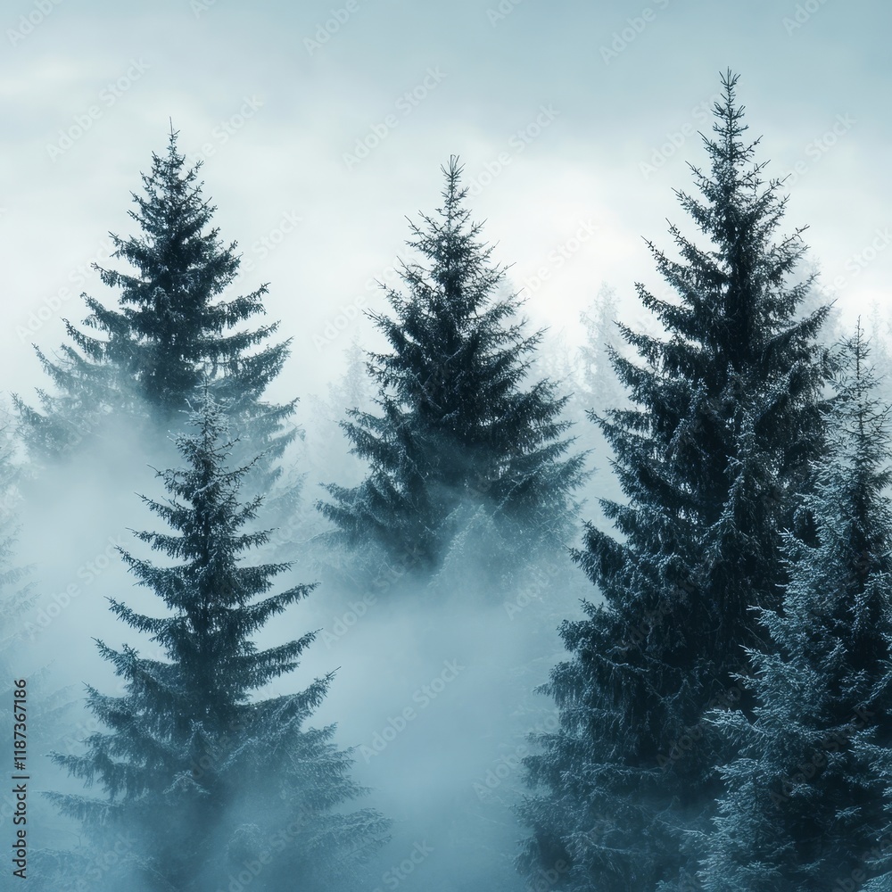 Obraz premium Foggy winter forest with coniferous trees. Vector illustration.