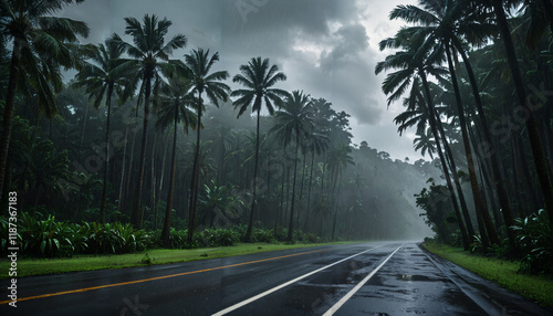 Pluie Tropicale sur la Route Bordée de Palmiers photo