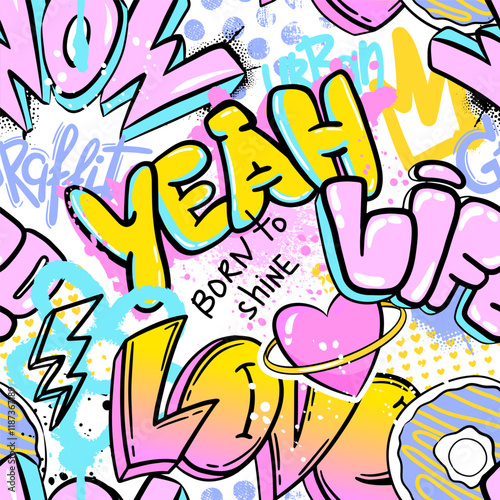 Abstract seamless chaotic pattern with graffiti words. Bright neon Grunge texture background. Wallpaper for girls.  Fashion urban  style