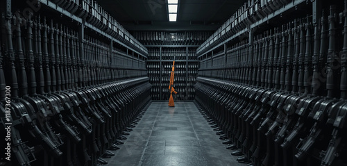 A long corridor filled with numerous rifles stored neatly on racks under artificial lighting. The stark design emphasizes an eerie environment, suggesting themes of power and vigilance photo