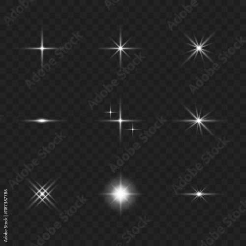 A set of white light effects on a dark background. Collection of vector flares. White glare. Vector illustration EPS10