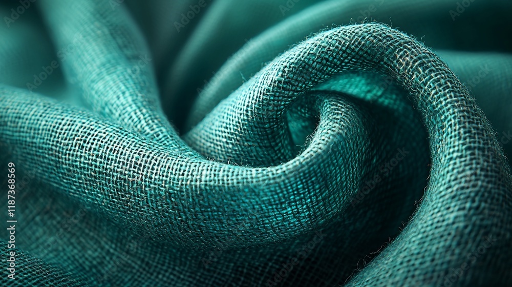 Fototapeta premium Teal fabric swirls, textured linen textile background.