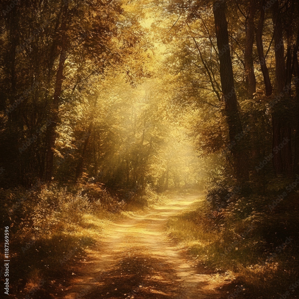 Obraz premium Autumn landscape with sunbeams and forest. Digital painting.