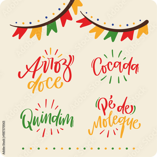 Arroz doce. Cocada. Quindim. Pé de Moleque. Rice pudding. Coconut candy. Quindim. Peanut brittle in brazilian portuguese. Modern hand Lettering. vector.
