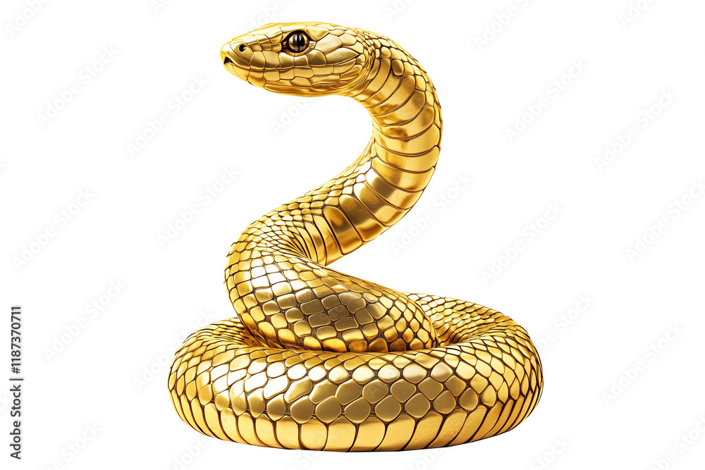 Fototapeta premium Coiled golden snake sculpture with detailed scales isolated on white transparent background, reptiles or wildlife, symbolizing Chinese Lunar New year