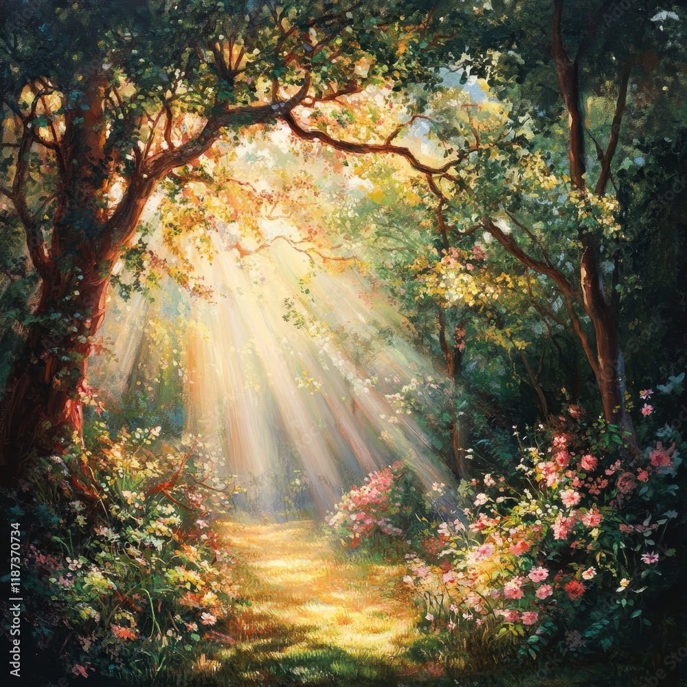 Fototapeta premium Beautiful summer landscape with sunbeams in the forest. Digital painting