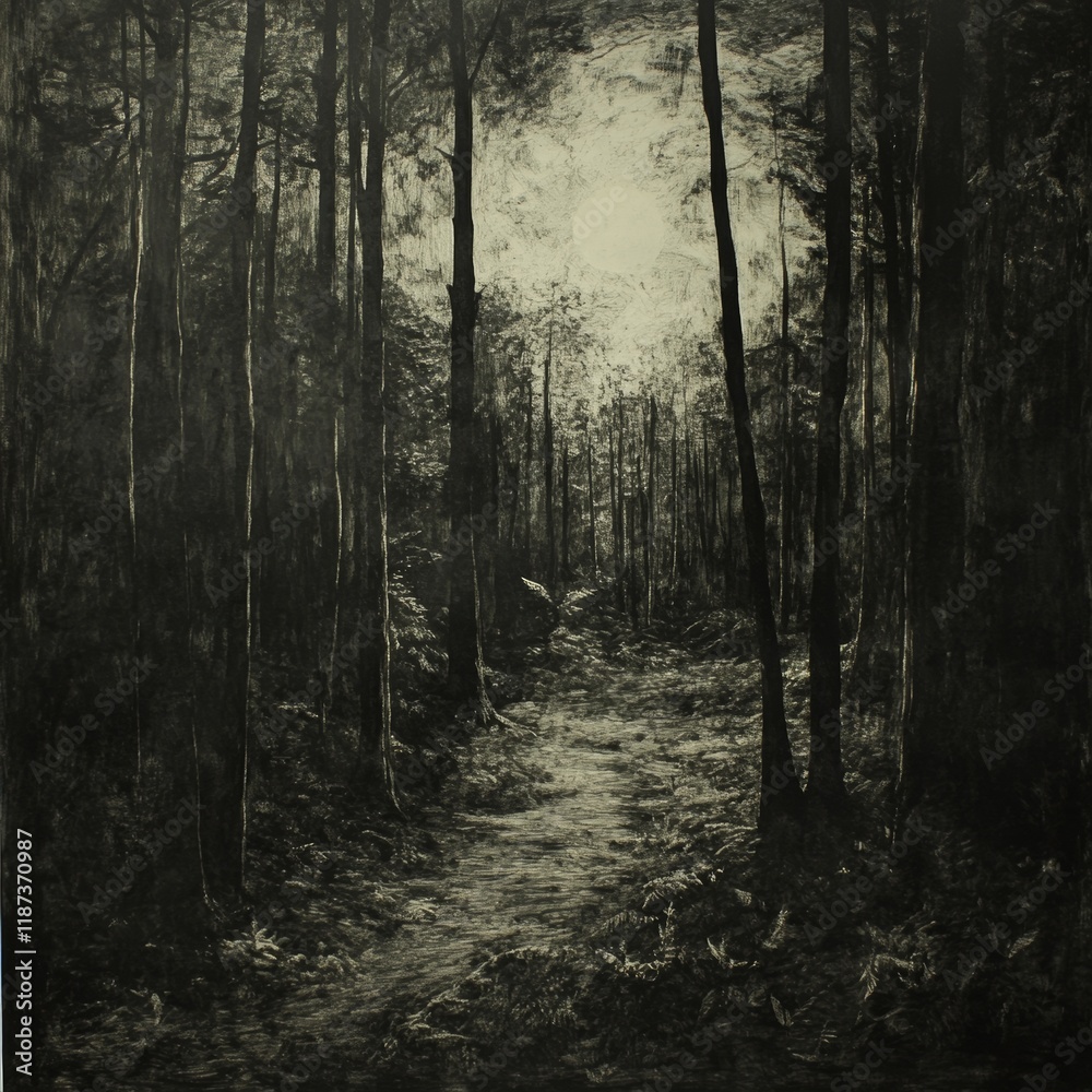 Fototapeta premium Dark forest with a path leading to the sun, grunge background