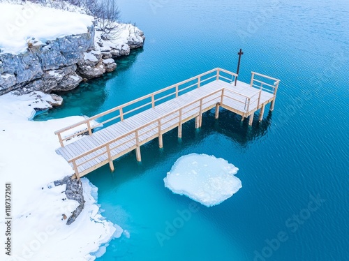 A wooden font for baptismal ceremonies during Epiphany at the lake photo