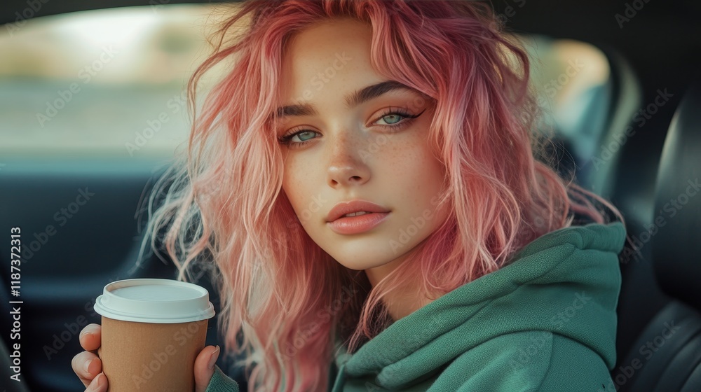 custom made wallpaper toronto digitalStylish Young Woman with Vibrant Pink Hair Enjoys a Relaxing Coffee Break Inside her Car