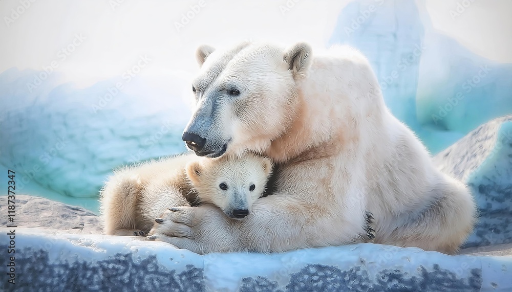 Heartwarming Arctic Love: Polar Bear Mother and Cub Cuddle Heartwarming Arctic Love: Polar Bear Mother and Cub Cuddle