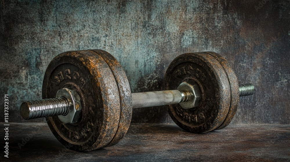 Old and rusty dumbbell rests on the floor against a grunge wall background, creating a powerful image of strength, resilience, and the passage of time Old and rusty dumbbell rests on the floor against a grunge wall background, creating a powerful image of strength, resilience, and the passage of time
