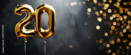 Two large gold foil balloons display the number 20 on a dark smokey background with golden bokeh. Celebration atmosphere, birthday party. Narrow festive banner with space for text