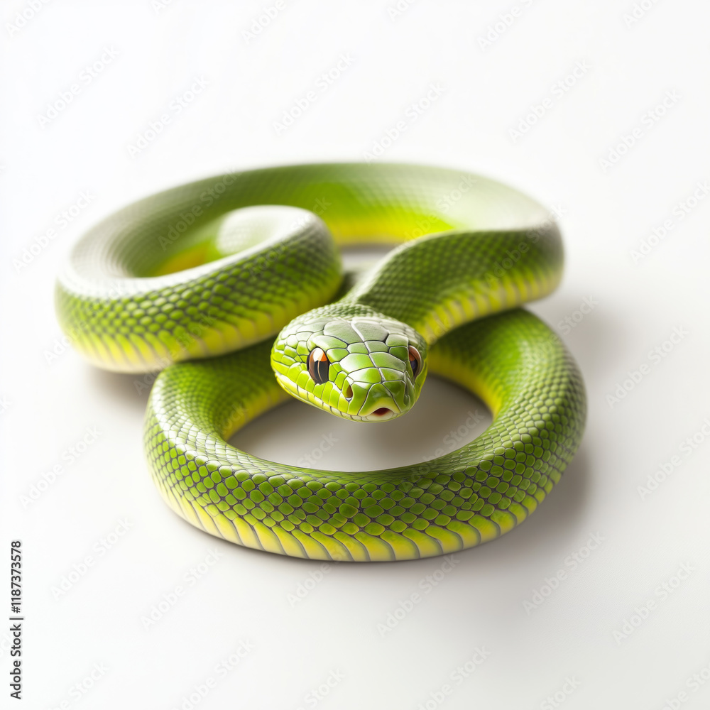 Fototapeta premium Closeup of bright green snake with detailed scales, coiled and resting, isolated on white transparent background, reptiles or wildlife, symbolizing Chinese Lunar New year