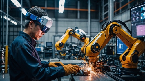 Engineer manager checking and controling automation robot arms machine in intelligent factory industrial on real time monitoring system software. Welding robotics and digital manufacturing operation	
