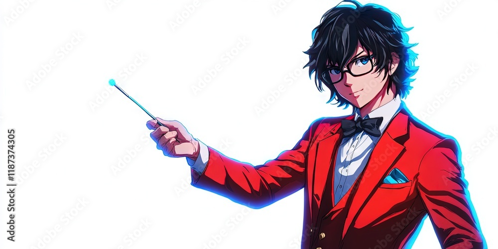anime modern magician performing magic trick, holding magic wand anime modern magician performing magic trick, holding magic wand