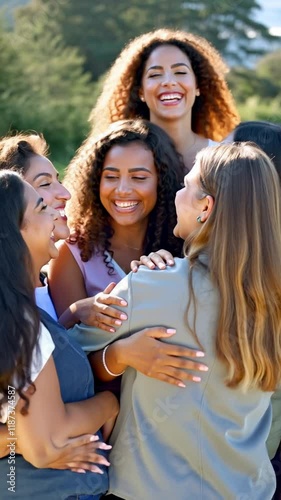 Vertical Video: Diverse Women Laughing Together, Female Friendship, Outdoor Group Hug, Cultural Unity, Happy Moments.