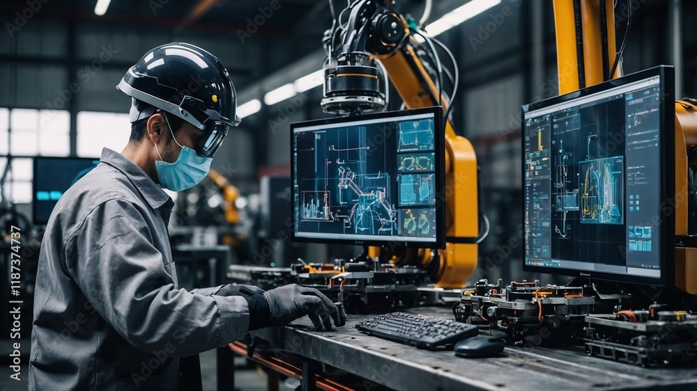 Fototapeta premium Engineer manager checking and controling automation robot arms machine in intelligent factory industrial on real time monitoring system software. Welding robotics and digital manufacturing operation 