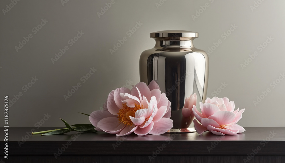 Elegant urn with pink flowers on a dark wooden surface Elegant urn with pink flowers on a dark wooden surface