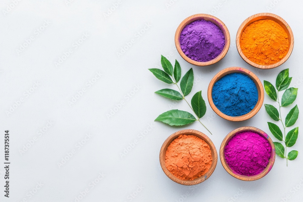 A top-down view of vibrant Holi powder in bowls, set against a white background, representing the traditional Hindu spring festival A top-down view of vibrant Holi powder in bowls, set against a white background, representing the traditional Hindu spring festival