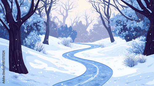 Winter landscape with an icy driveway winding through a snowbound forest. Snowbound. Illustration photo