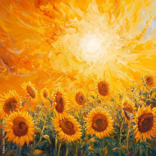 Sunflowers on a background of the sun. Original oil painting