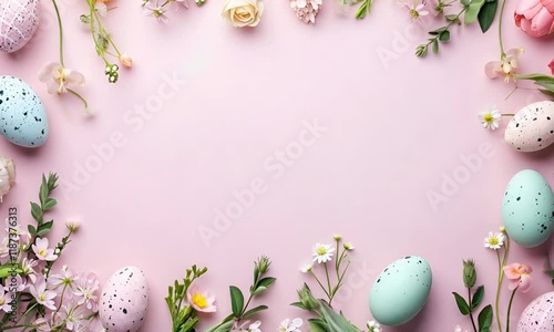 Delicate Easter frame, top view of colorful pastel colored eggs and delicate spring flowers neatly arranged on a clean pink background with plenty of space for text.