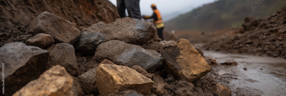 A close-up view of a construction site showcases workers amidst large rocks, emphasizing the hard labor and effort involved in bringing a project to life. A close-up view of a construction site showcases workers amidst large rocks, emphasizing the hard labor and effort involved in bringing a project to life.