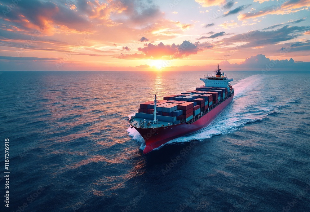 Fototapeta premium Cargo ship sailing across ocean at sunset. Global trade and maritime transport. Aerial view of container vessel on calm sea. Logistics and shipping industry concept