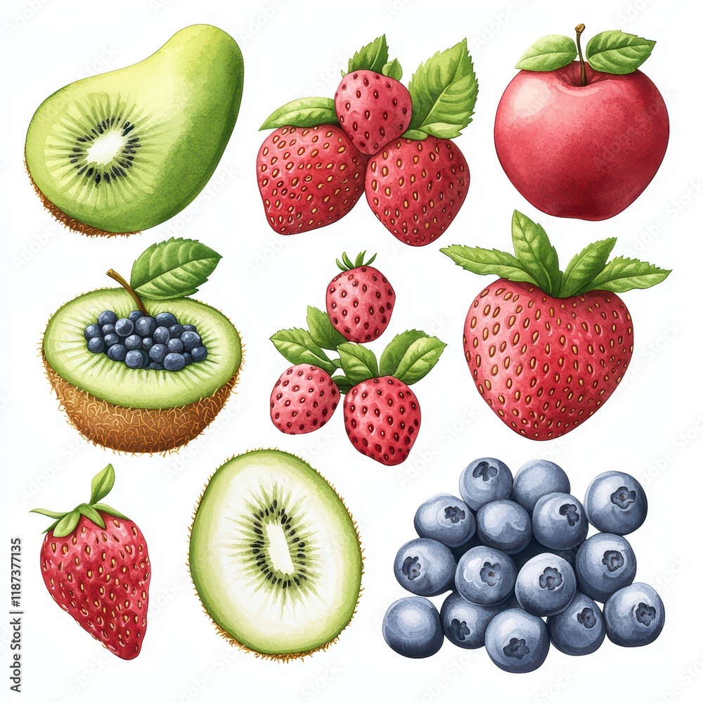 Colorful Collection of Fresh Fruits with Berries and Kiwi Slice Colorful Collection of Fresh Fruits with Berries and Kiwi Slice