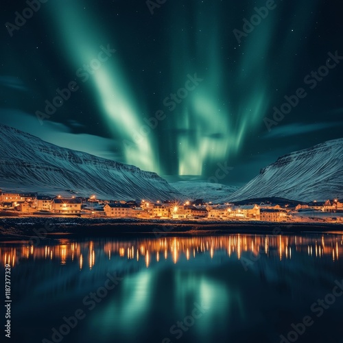 Northern lights over fjord and houses in Lofoten islands, Norway