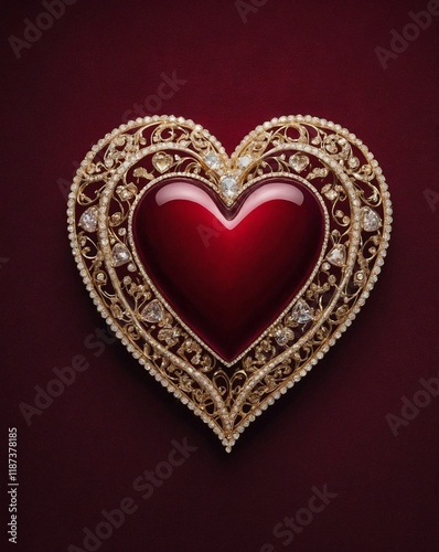 Luxurious Golden Heart with Sparkling Jewels on Deep Red Velvet Background