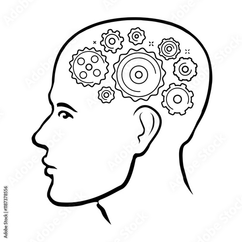 Human head with gears and cogwheels. Brain thinks in process, mind