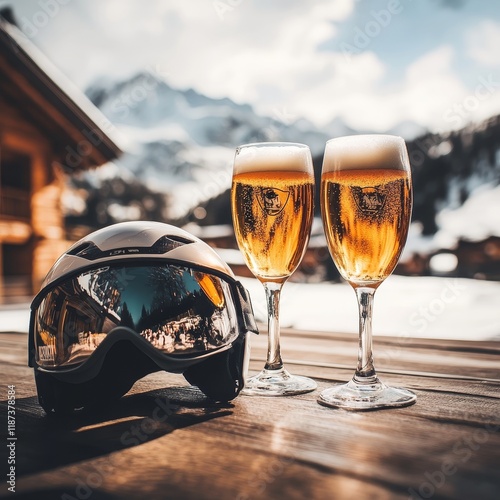 Glasses of beer with ski helmet and goggles on the background of mountains