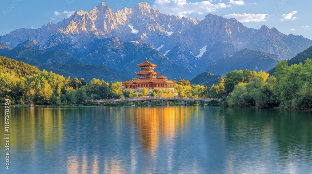 Fototapeta premium Serene temple reflected in calm lake with majestic mountains.