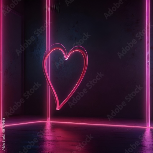 modern Valentine's Day background with vibrant neon pink, purple, and red lights illuminating the scene in glowing lines and shapes. The lights should pulse and glow, giving the impression of an energ photo