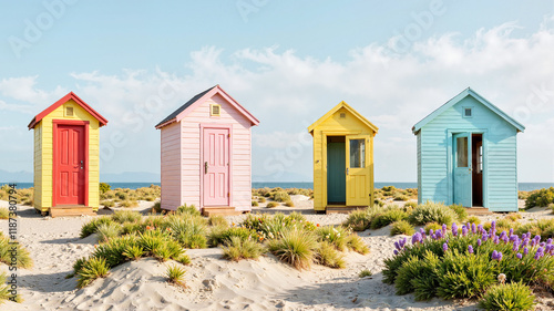 Colorful Beach Huts on Sandy Shore photo