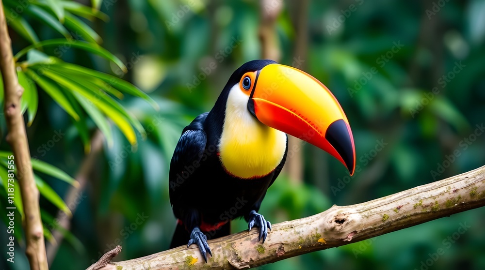 A candid street photography style image, split into distinct sections with bold areas, showing a toucan perched on a branch in a forest. Urban-inspired, spontaneous, graceful and elegant, with refine A candid street photography style image, split into distinct sections with bold areas, showing a toucan perched on a branch in a forest. Urban-inspired, spontaneous, graceful and elegant, with refine