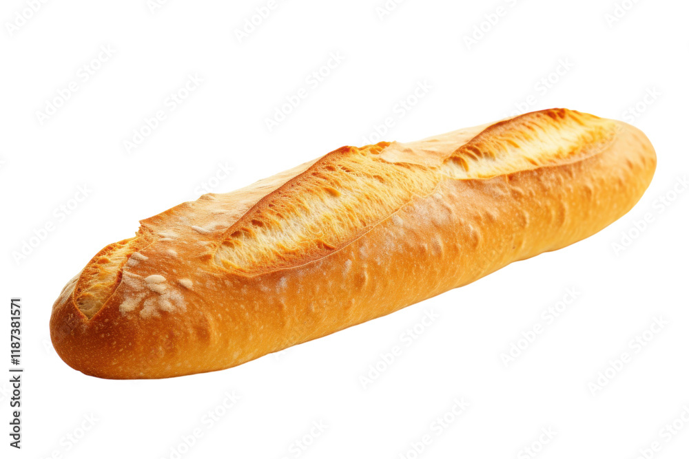 Freshly baked baguette with a golden crust on a clean white background Freshly baked baguette with a golden crust on a clean white background