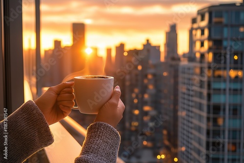 Hands Holding Coffee Cup On Balcony Overlooking City At Sunrise. Golden Sunlight Bathing Urban Skyline. Steam From Beverage Adding Warmth. Peaceful Morning Mood. AI generated photo