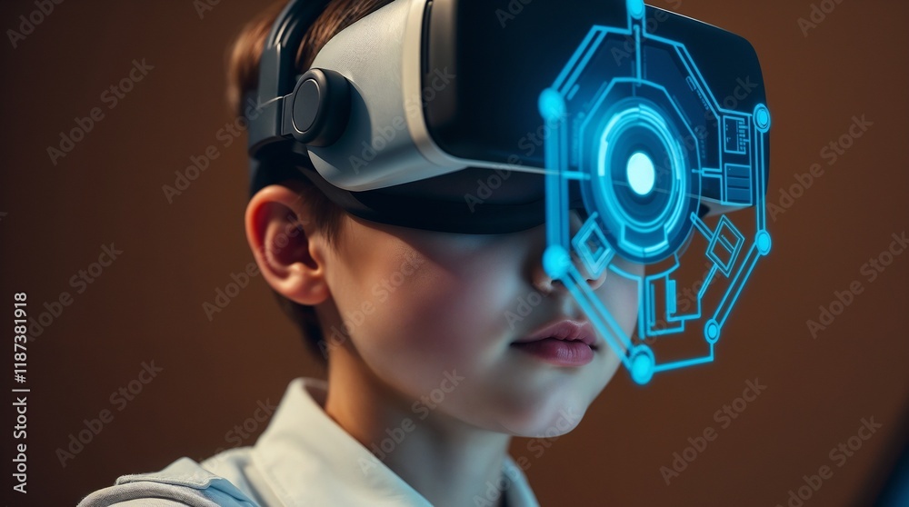 School student with VR headset using AI artificial intelligence technology. machine learning. Interactive technology in classroom. Smart tech. blue hologram in education School student with VR headset using AI artificial intelligence technology. machine learning. Interactive technology in classroom. Smart tech. blue hologram in education