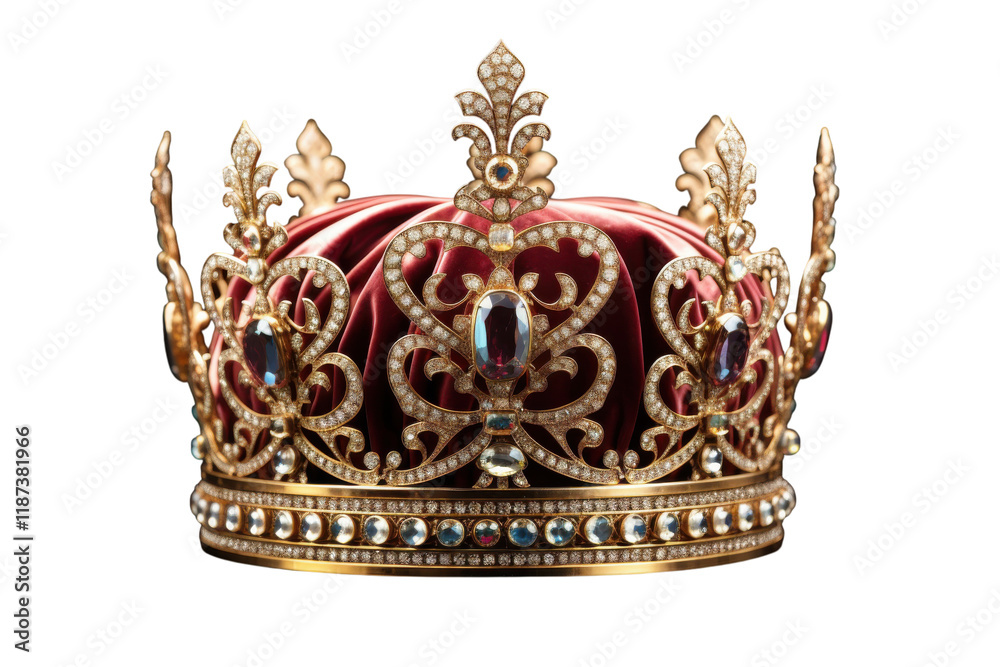 Exquisite golden crown adorned with jewels resting on a dark wooden surface in a regal setting Exquisite golden crown adorned with jewels resting on a dark wooden surface in a regal setting