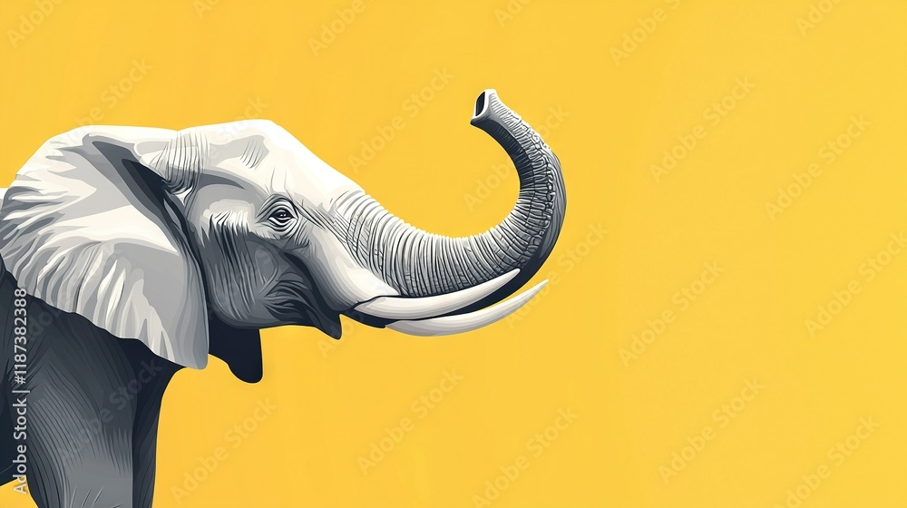 Fototapeta premium An elephant with tusks standing in front of an orange-yellow background, with a yellow background and a black-white picture of an elephant with tusks