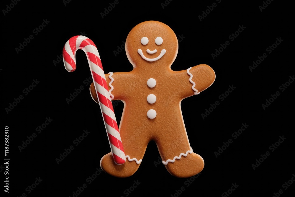 Fototapeta premium A cheerful gingerbread man holds a candy cane, festive Christmas treat.